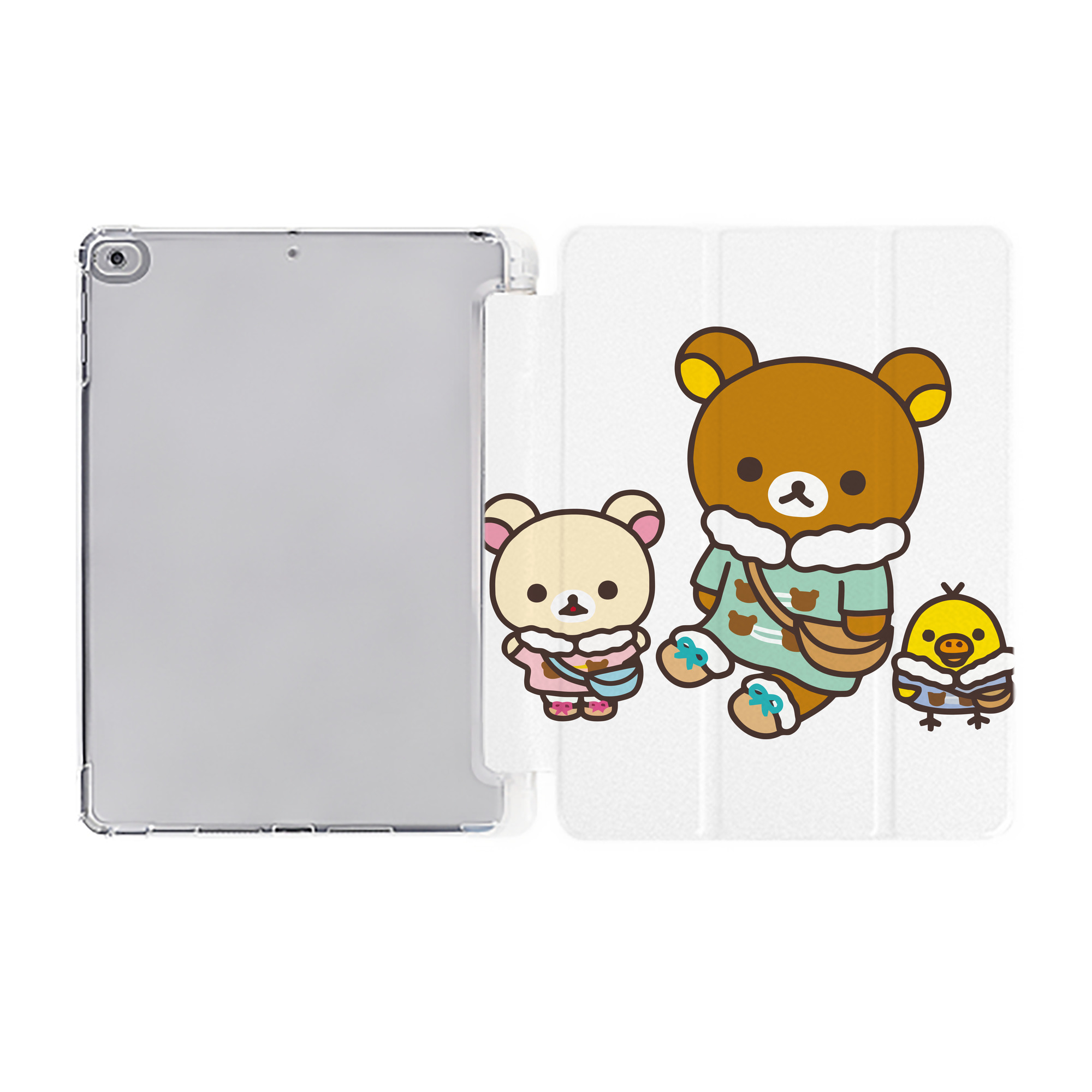 （画像用） リラックマ リラックマ キイロイトリ Rilakkuma Korilakkuma Kiiroitori IPad ケース ペン収納付き 三つ折りスタンド PUレザー×シリコン 対応機種9.5/10.5/10.9インチ